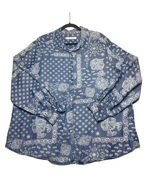 Foxcroft 20W Button Down Shirt Blue Chambray Bandana Paisley Print Patchwork Top